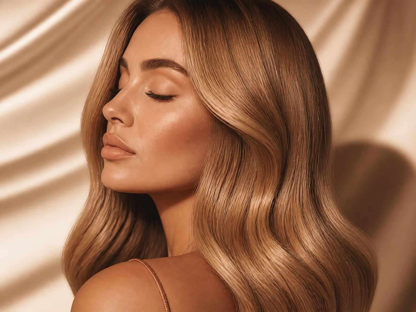 Model met glanzende hairextensions en verzorgde wenkbrauwen